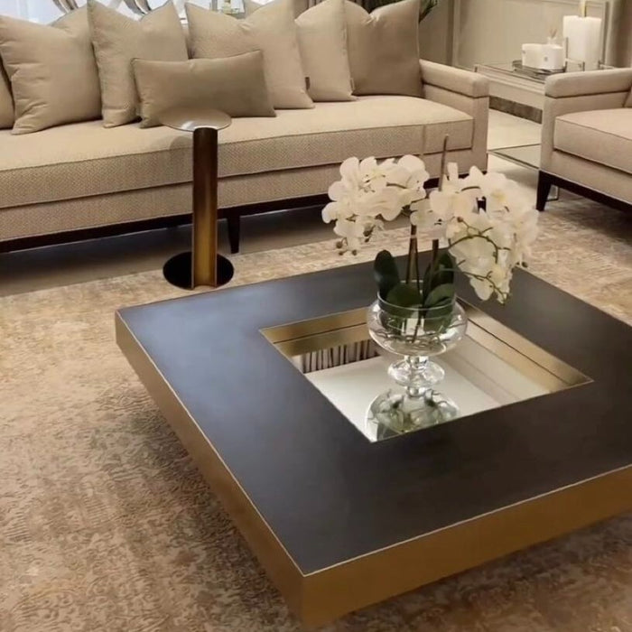 Metallic Matte Wood Bar Coffee Table with Mirror in Black and Gold