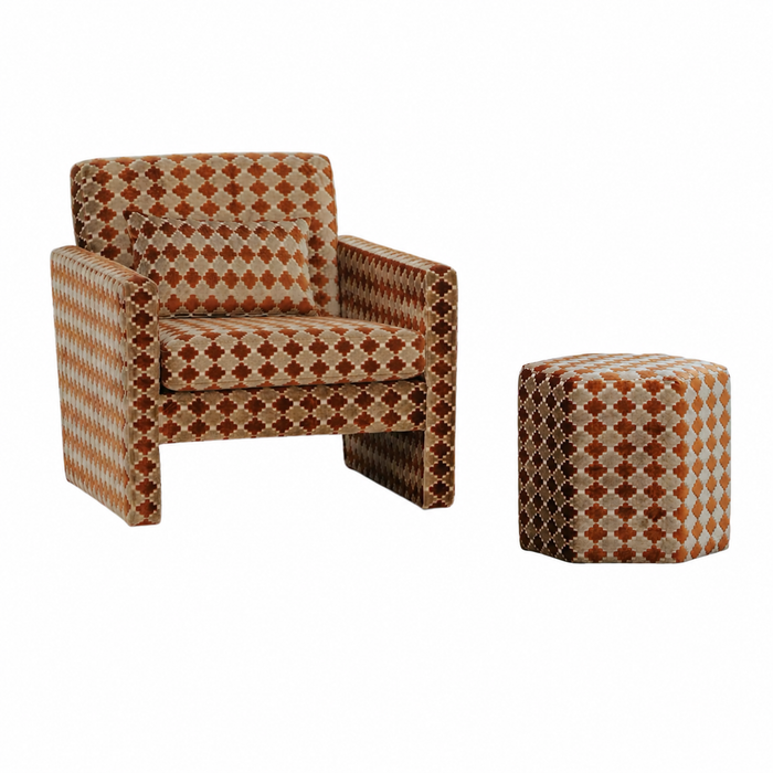 Retro Geometric Clover Amber Hush Cut‑Velvet Accent Armchair