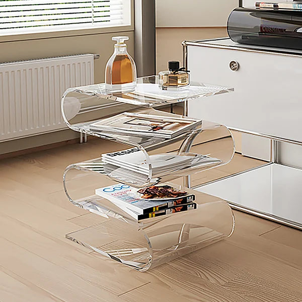 Acrylic End Table Tea Brown with Storage Wavy Shape Side Table