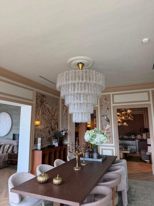 Modern Layered Falling Ribbed Textured Glass Chandelier