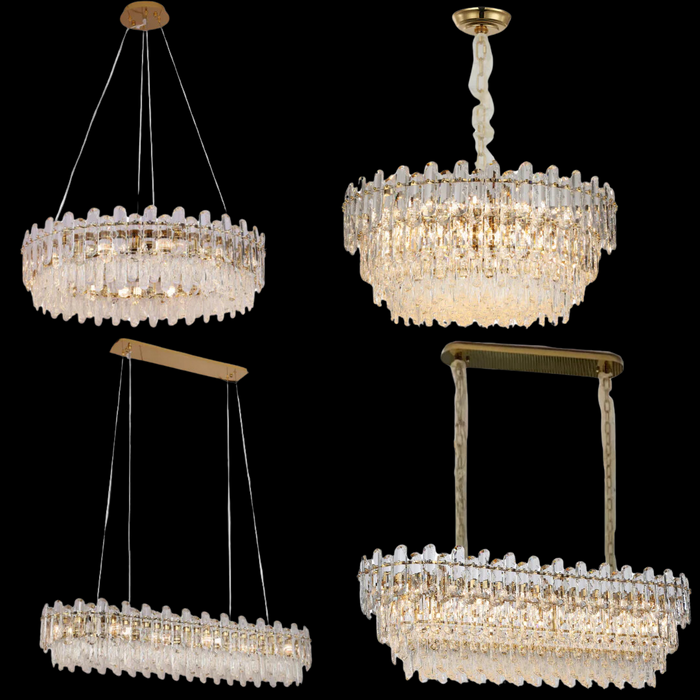 Lámpara de araña de cristal transparente redonda/rectangular de lujo ligera en acabado dorado champán/cromo para sala de estar/comedor/dormitorio 