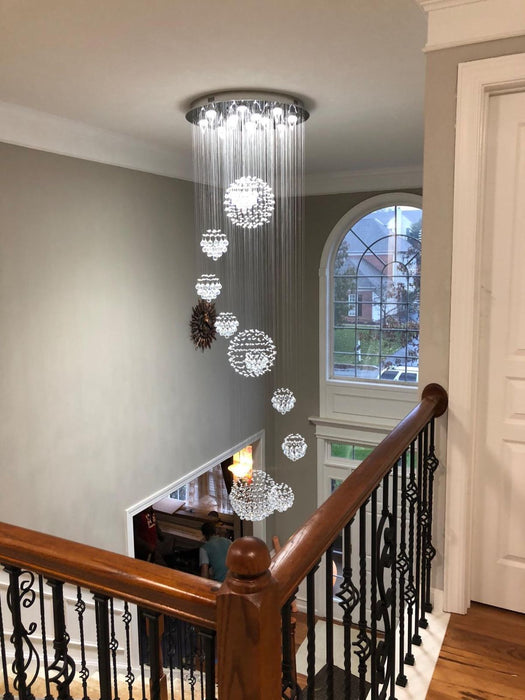 Lámpara de araña de cristal dúplex majestuosa, lámpara colgante de techo con forma de globo en forma de gota de agua en espiral para entrada/escalera