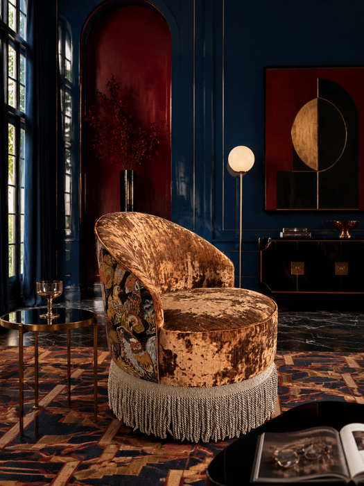 Vintage Aviary Motif Cut‑Velvet Swivel Barrel Tassel Fringe Accent Chair