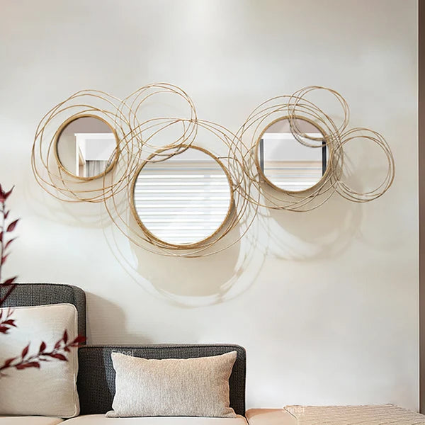 Specchio da parete creativo di lusso leggero a 6 anelli rotondo in metallo dorato