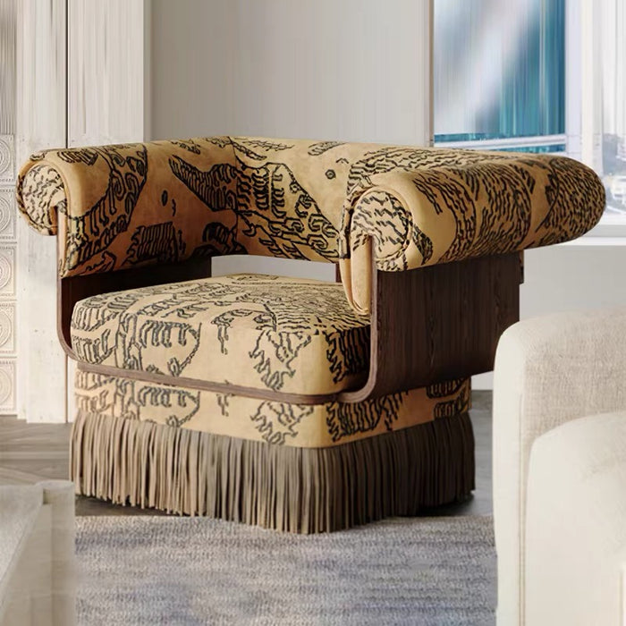 Vintage Designer Tiger‑Mountain Motif Fringe Armchair