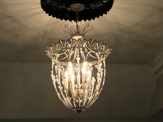 French Gold Hollow Carved Crystal Pendant Light Fixtures for Entryway