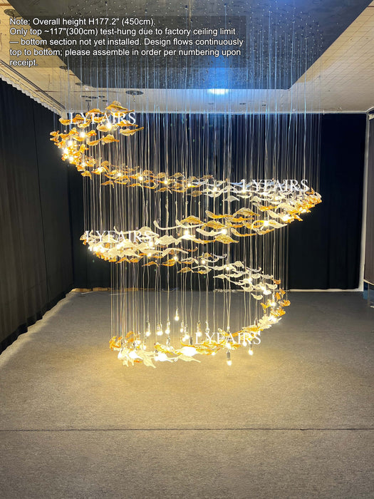 Modern Ascending Spiral Floating Glass Feather Chandelier with Bulbs