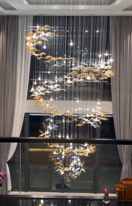 Modern Ascending Spiral Floating Glass Feather Chandelier with Bulbs
