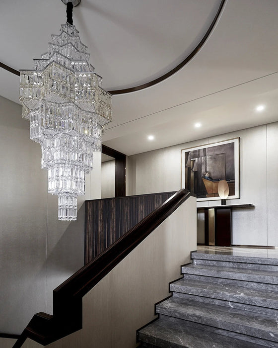 Lampadario di cristallo a più livelli extra large Plaza Hall Foyer Soggiorno Scala Apparecchio di illuminazione a soffitto con finitura cromata / argento