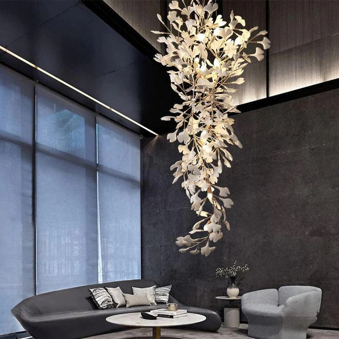 Lámpara colgante con forma de rama de árbol, lámpara de cerámica con hojas de Ginkgo, para techo alto, sala de estar, pasillo de Hotel