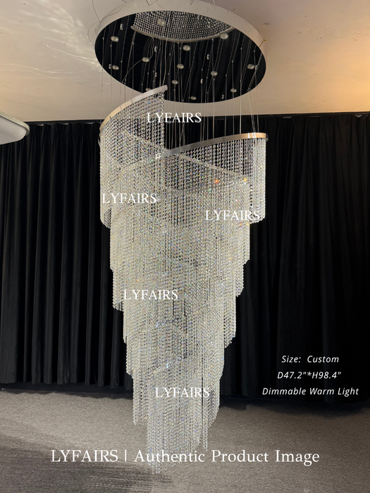 Lampadario di cristallo alto di grandi dimensioni in acciaio inossidabile cromato per ingresso su scala