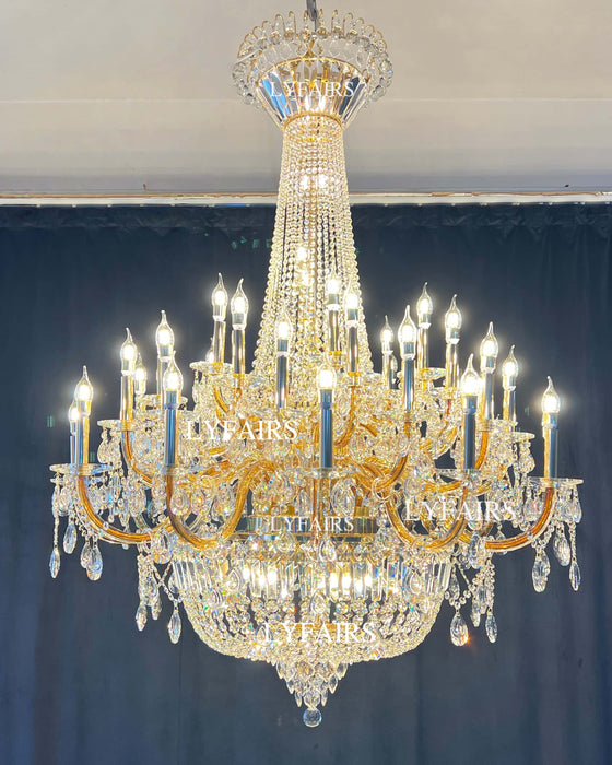 Candelabro de cristal de lujo con vela multicapa de estilo europeo Extra grande, accesorio de iluminación decorativo para vestíbulo/escalera de arte dorado