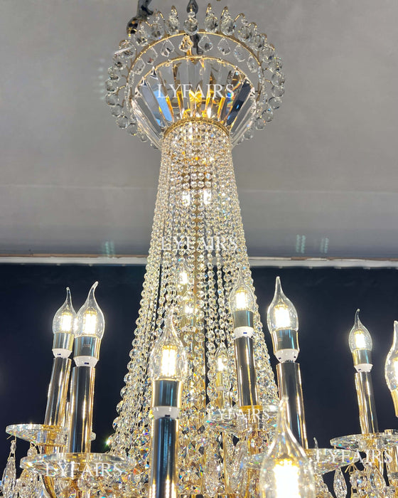 Candelabro de cristal de lujo con vela multicapa de estilo europeo Extra grande, accesorio de iluminación decorativo para vestíbulo/escalera de arte dorado