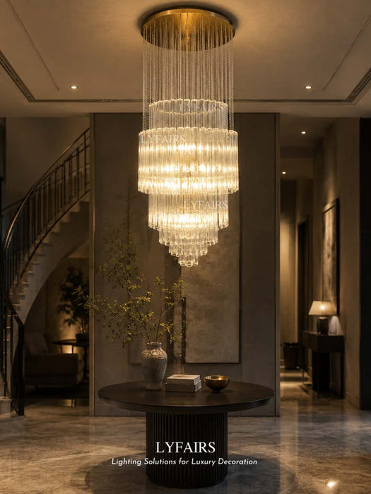 Luxury Floating Cascade Clear Glass Tube Chandelier for High Ceilings