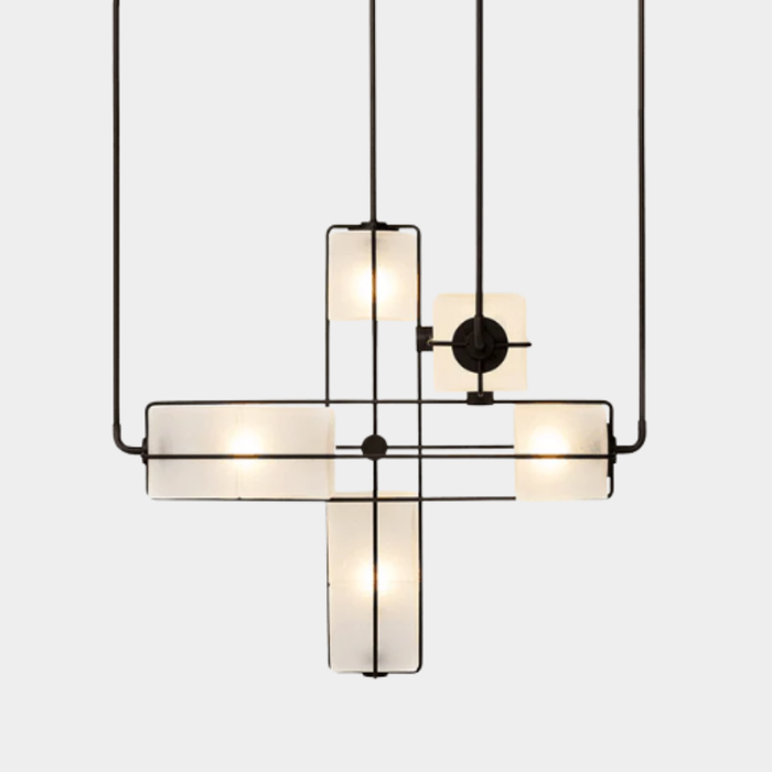 Designer Modern Geometric Grid-Form Handblown Glass Chandelier for Low Ceilings