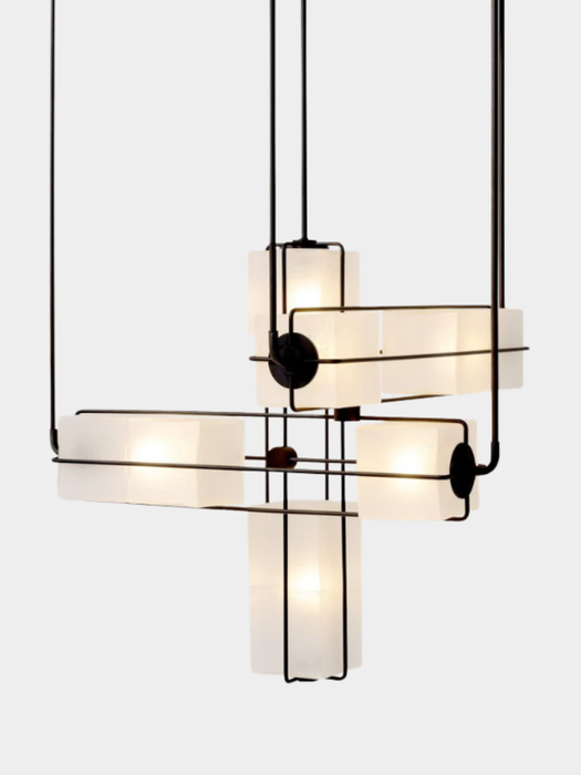 Designer Modern Geometric Grid-Form Handblown Glass Chandelier for Low Ceilings