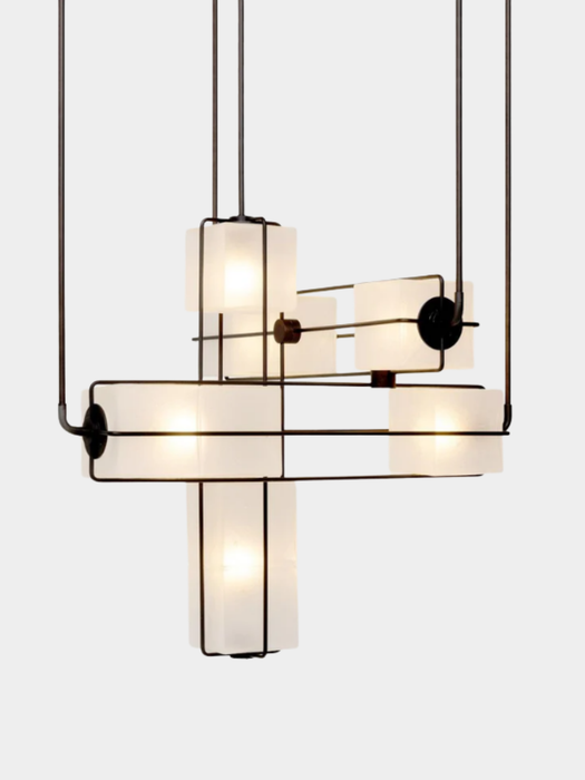 Designer Modern Geometric Grid-Form Handblown Glass Chandelier for Low Ceilings