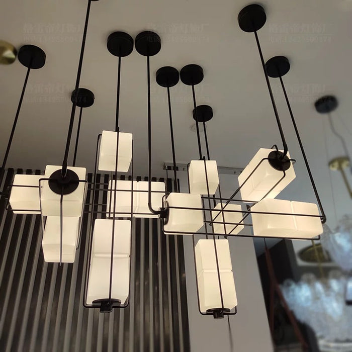 Designer Modern Geometric Grid-Form Handblown Glass Chandelier for Low Ceilings