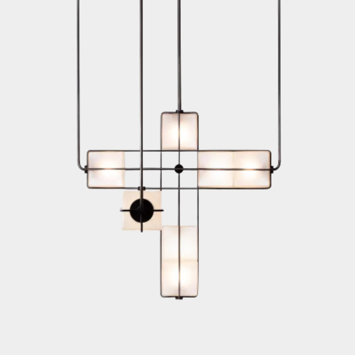 Designer Modern Geometric Grid-Form Handblown Glass Chandelier for Low Ceilings