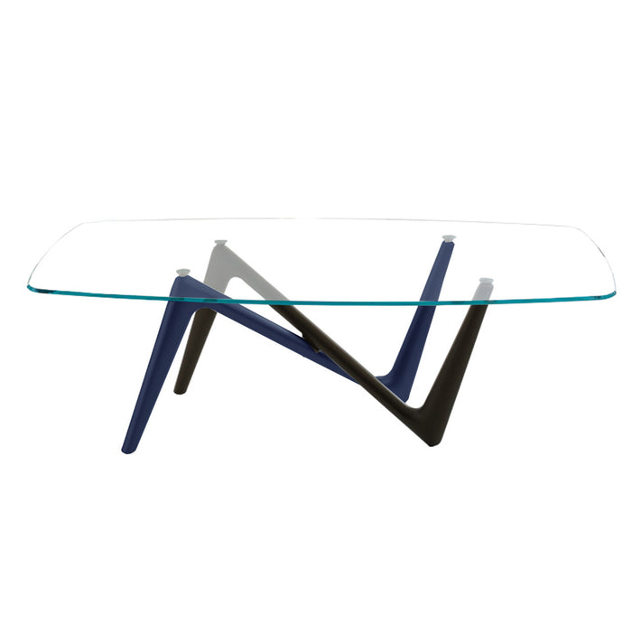 Mesa de comedor de vidrio con patas en Z cruzadas