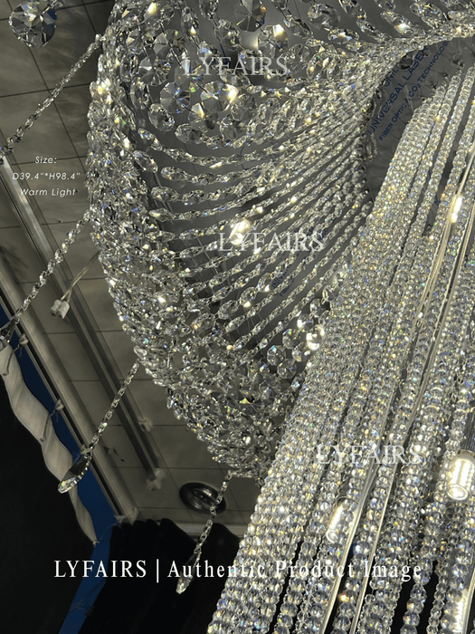 Lampadario di cristallo a soffitto di lusso a cascata argento extra large con montaggio a incasso per soggiorno/sala duplex dal soffitto alto