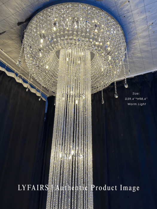 Lampadario di cristallo a soffitto di lusso a cascata argento extra large con montaggio a incasso per soggiorno/sala duplex dal soffitto alto