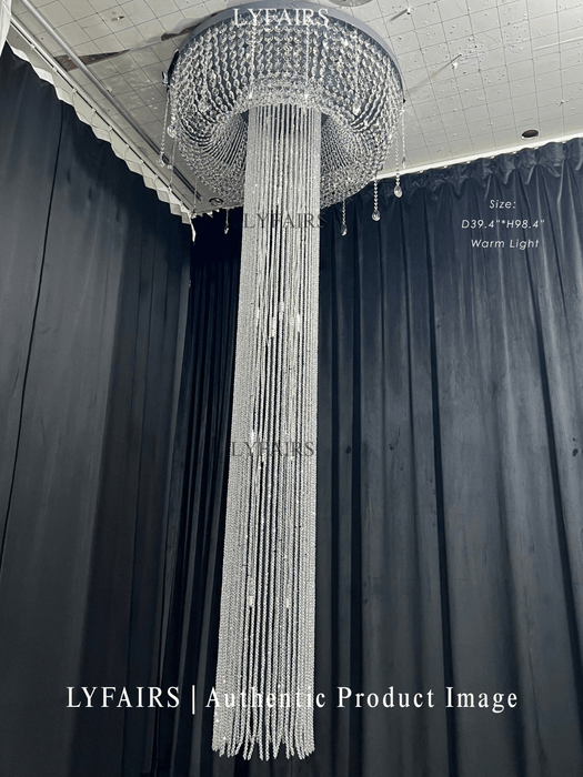 Lampadario di cristallo a soffitto di lusso a cascata argento extra large con montaggio a incasso per soggiorno/sala duplex dal soffitto alto