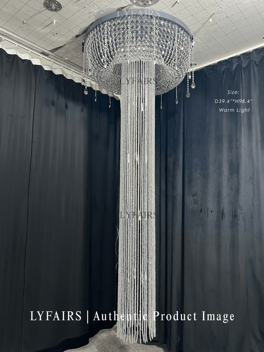 Lampadario di cristallo a soffitto di lusso a cascata argento extra large con montaggio a incasso per soggiorno/sala duplex dal soffitto alto