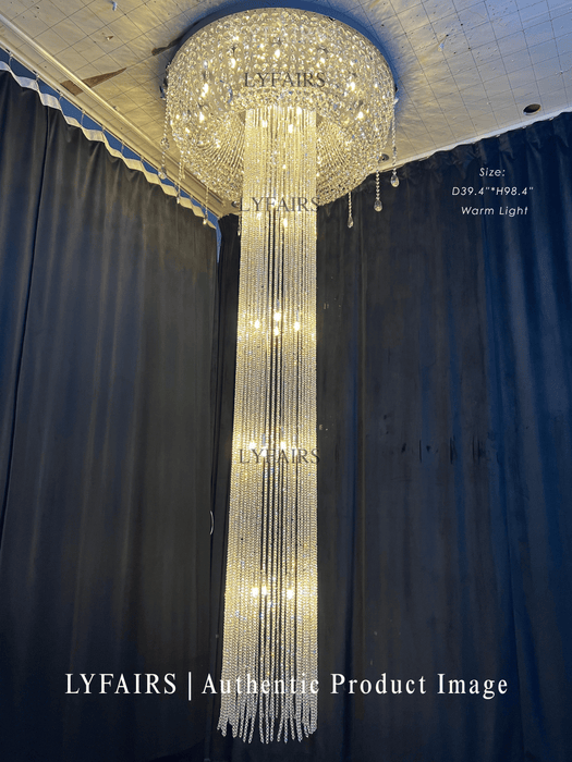 Lampadario di cristallo a soffitto di lusso a cascata argento extra large con montaggio a incasso per soggiorno/sala duplex dal soffitto alto