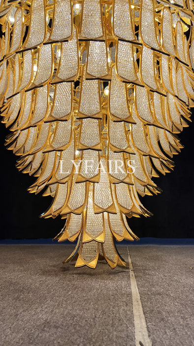 Lampadario in vetro a sospensione in oro a più livelli di lusso extra large per scale/grande stanza dal soffitto alto