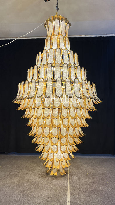 Lampadario in vetro a sospensione in oro a più livelli di lusso extra large per scale/grande stanza dal soffitto alto