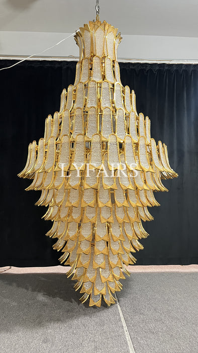 Lampadario in vetro a sospensione in oro a più livelli di lusso extra large per scale/grande stanza dal soffitto alto
