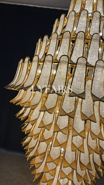 Lampadario in vetro a sospensione in oro a più livelli di lusso extra large per scale/grande stanza dal soffitto alto