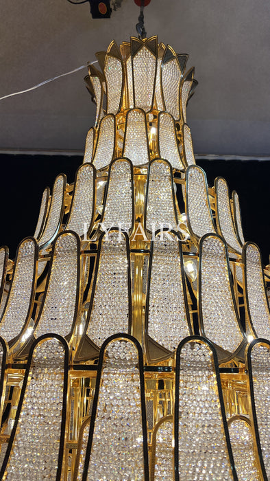 Lampadario in vetro a sospensione in oro a più livelli di lusso extra large per scale/grande stanza dal soffitto alto