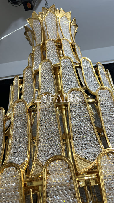 Lampadario in vetro a sospensione in oro a più livelli di lusso extra large per scale/grande stanza dal soffitto alto