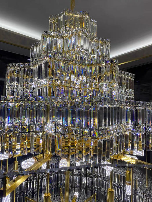 Lampadario di cristallo a più livelli extra large Plaza Hall Foyer Soggiorno Scala Apparecchio di illuminazione a soffitto con finitura cromata / argento