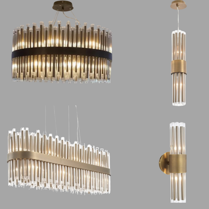 Lampadario moderno di fascia alta con tubi di vetro rotondi/rettangolari in ottone antico