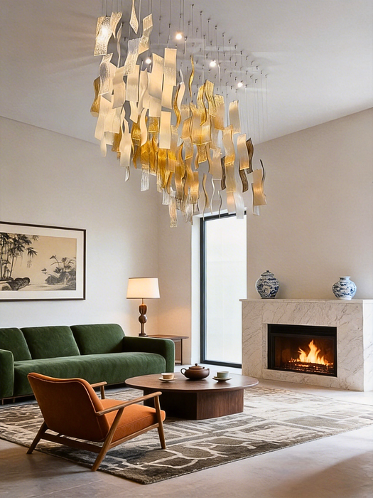 Modern Luxury Floating Wave Glass Panel Chandelier for Living Room/Staircase/High Ceilings