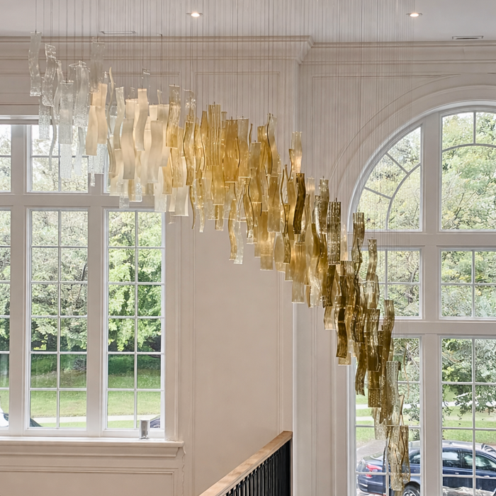 Modern Luxury Floating Wave Glass Panel Chandelier for Living Room/Staircase/High Ceilings