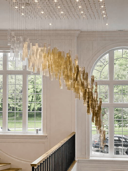Modern Luxury Floating Wave Glass Panel Chandelier for Living Room/Staircase/High Ceilings