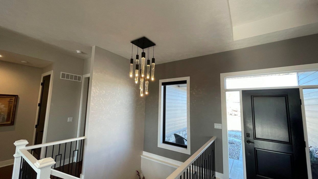 Lámpara colgante de techo redonda/rectangular de lujo, moderna, con acabado negro, para isla de cocina/escalera/sala de estar