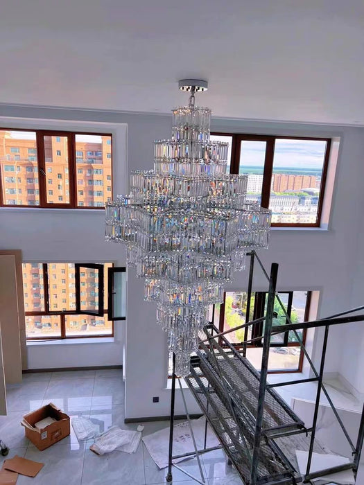 Lampadario di cristallo a più livelli di lusso extra large Plaza per hall di hotel / foyer a 2 piani / soggiorno con soffitto alto