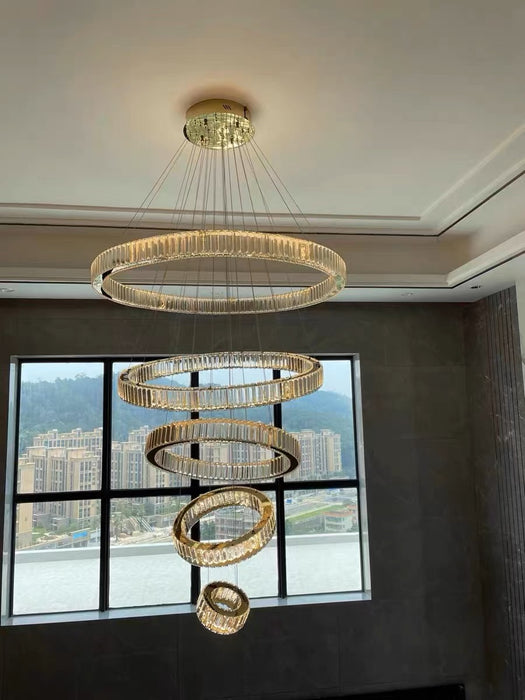 Lámpara de techo con acabado cromado y cristal dorado de 5/6/7 anillos, moderna lámpara de entrada frontal