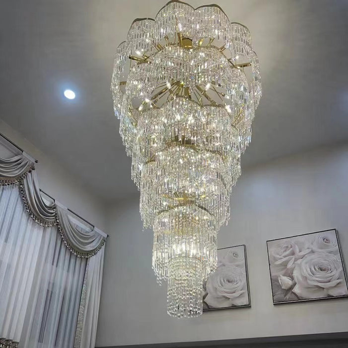 Villa de araña de cristal de lujo dorada multicapa europea de gran tamaño, accesorio de iluminación para vestíbulo de edificio dúplex
