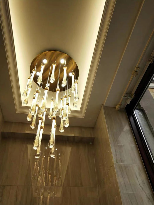 Foyer Glass Drops Lampadario a sospensione Scala a chiocciola Lampada da soffitto alta con finitura dorata