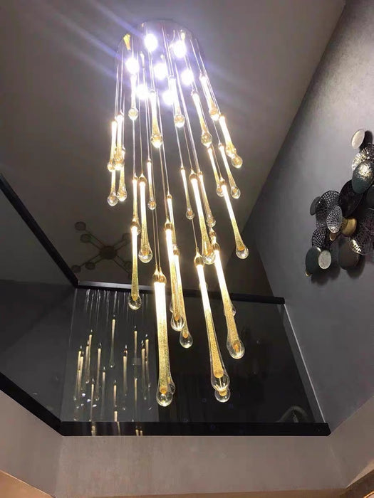 Foyer Glass Drops Pendant Chandelier Spiral Staircase High Ceiling Light Fixture In Gold Finish