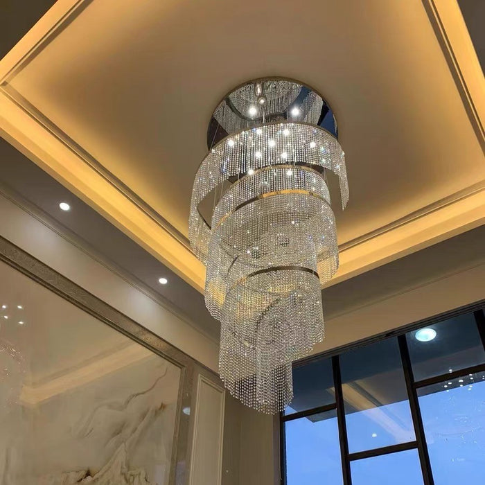 Chrome Stainless Steel Crystal Chandelier Large High Ceiling Light Fixture For Staircase Entrance