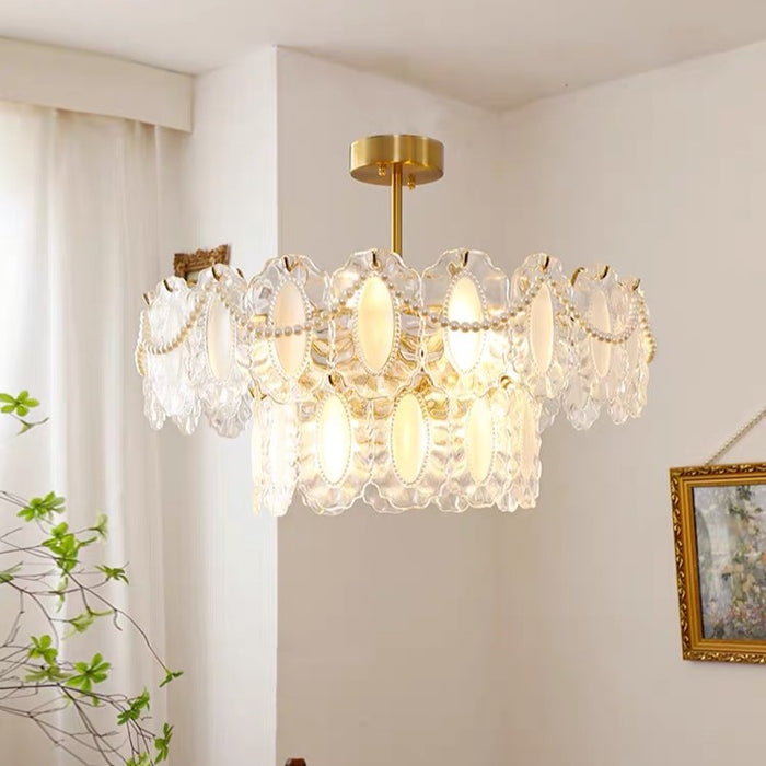 Lámpara de araña/lámpara de techo de estilo vintage europeo, elegante, de lujo, color blanco crema, con cadenas de perlas blancas, para sala de estar, dormitorio, restaurante, comedor