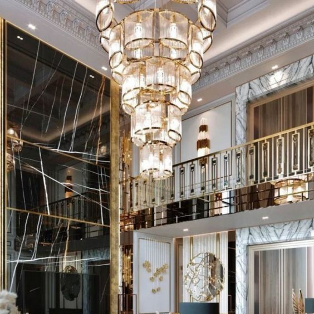 Modern 5-layer Glass Rods Tiles Chandelier for High-ceiling — Lyfairs