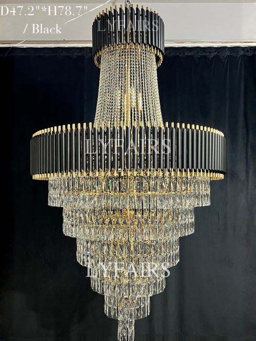 Lampadario di cristallo di lusso extra large moderno multistrato oro/nero chiaro per soggiorno a 2 piani, foyer